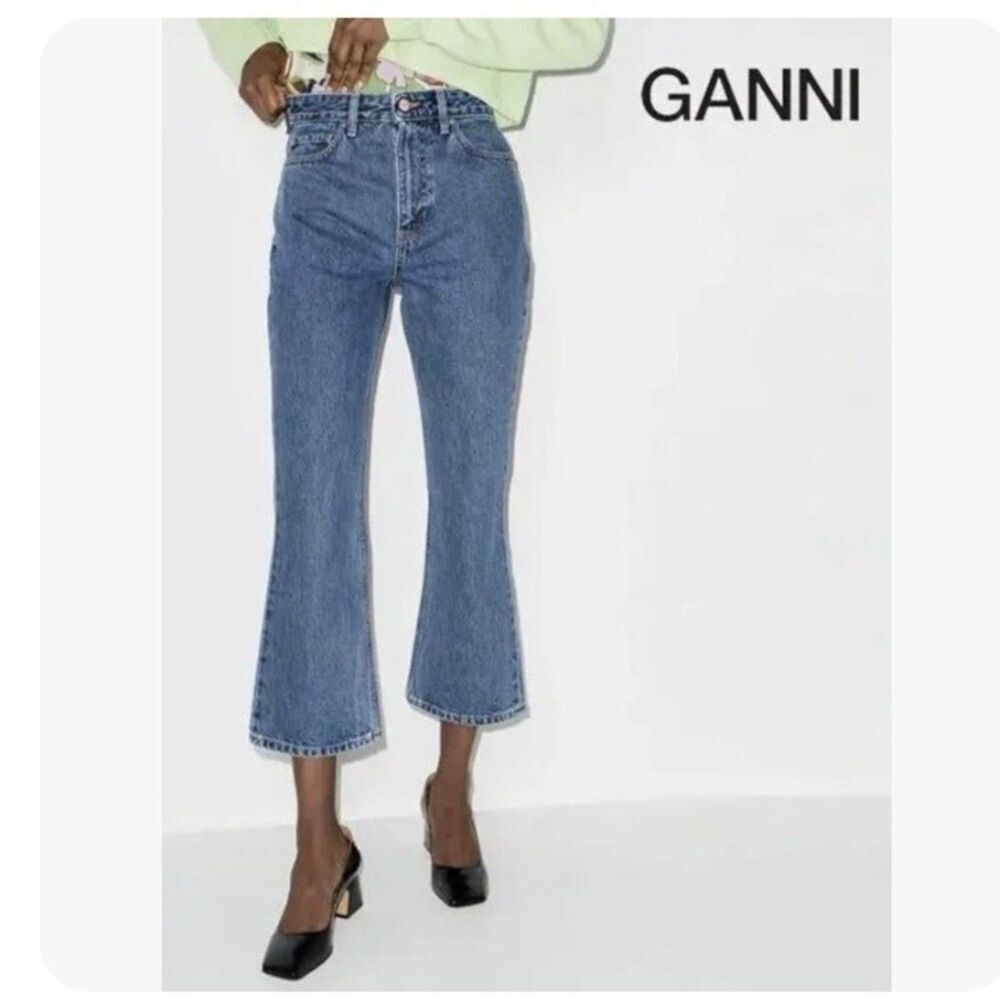 Ganni Betzy Cropped Flare Jeans 32W/32L Mid Blue Stone High Rise NEW